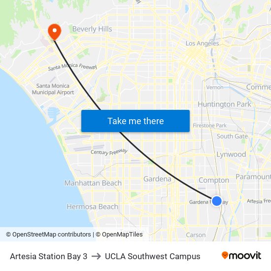 Artesia Station Bay 3 to UCLA Southwest Campus map