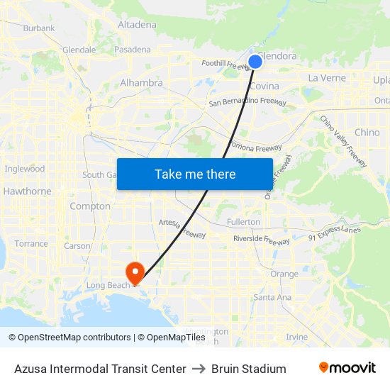 Azusa Intermodal Transit Center to Bruin Stadium map