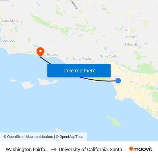 Washington Fairfax Hub to University of California, Santa Barbara map