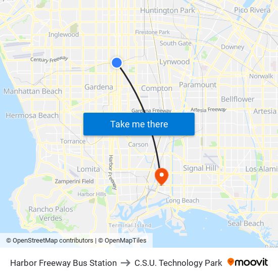 Harbor Freeway Bus Station to C.S.U. Technology Park map