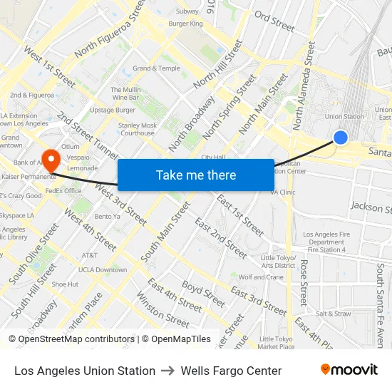 Los Angeles Union Station to Wells Fargo Center map