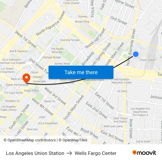 Los Angeles Union Station to Wells Fargo Center map