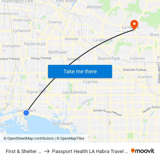 First & Shelter C N to Passport Health LA Habra Travel Clinic map