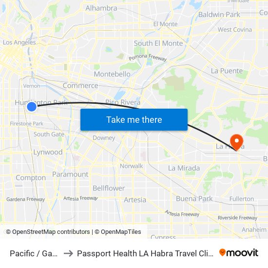 Pacific / Gage to Passport Health LA Habra Travel Clinic map