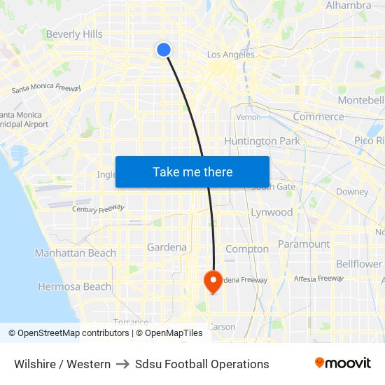 Wilshire / Western to Sdsu Football Operations map