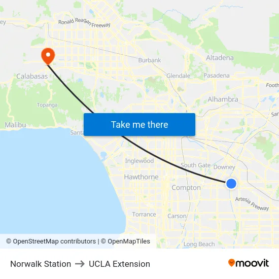 Norwalk Station to UCLA Extension map