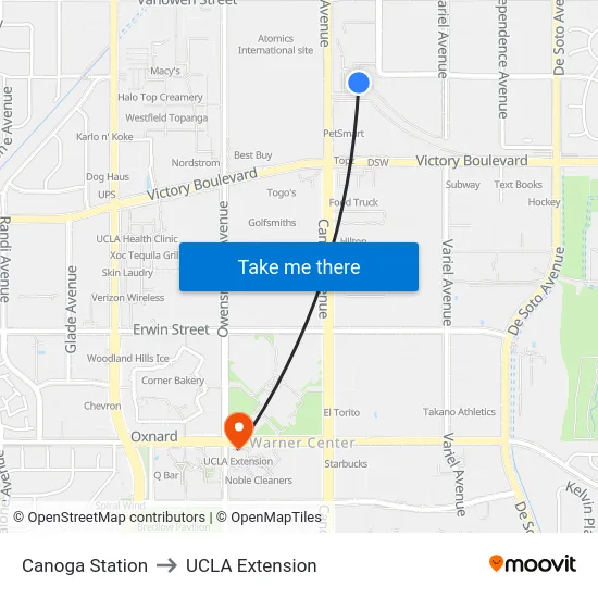 Canoga Station to UCLA Extension map