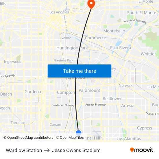 Wardlow Station to Jesse Owens Stadium map