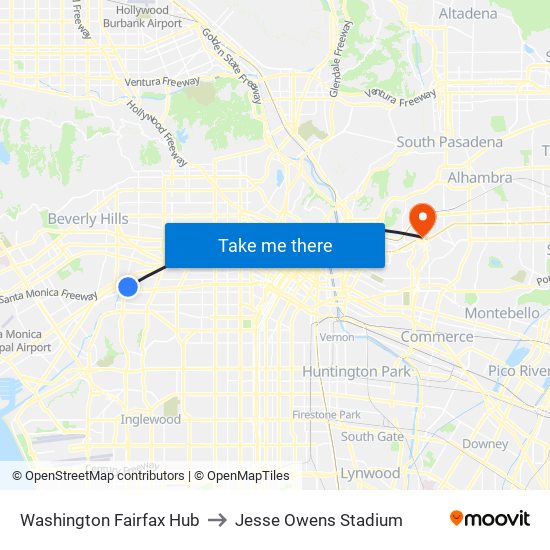 Washington Fairfax Hub to Jesse Owens Stadium map