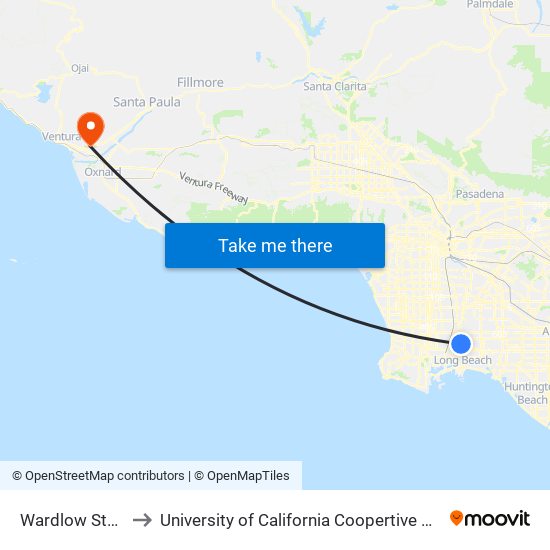 Wardlow Station to University of California Coopertive Extension map