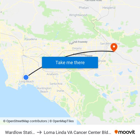 Wardlow Station to Loma Linda VA Cancer Center Bldg 31 map