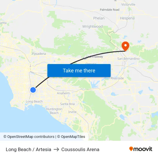 Long Beach / Artesia to Coussoulis Arena map