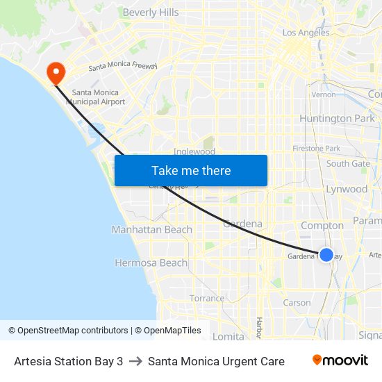 Artesia Station Bay 3 to Santa Monica Urgent Care map