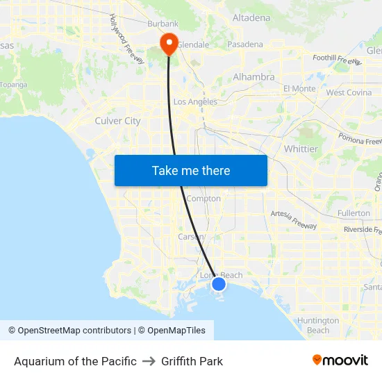 Aquarium of the Pacific to Griffith Park map