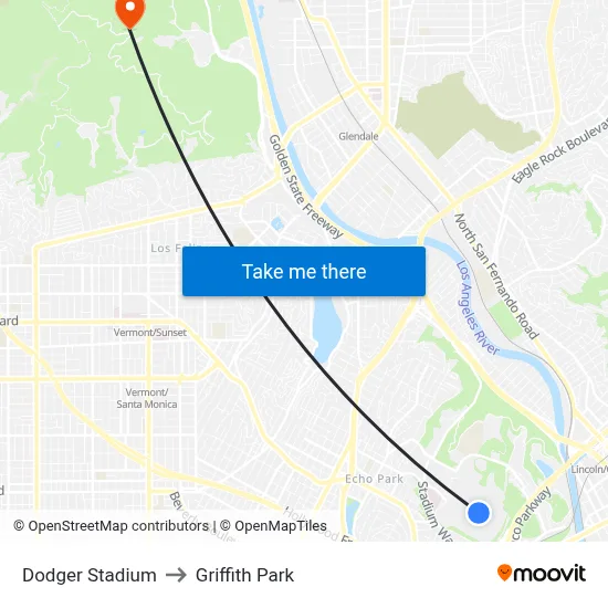 Dodger Stadium to Griffith Park map