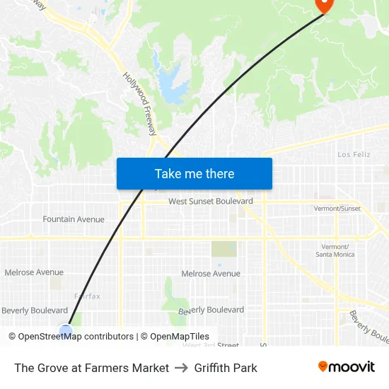 The Grove at Farmers Market to Griffith Park map