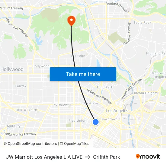 JW Marriott Los Angeles L A LIVE to Griffith Park map