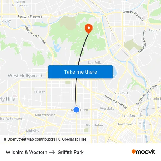 Wilshire & Western to Griffith Park map