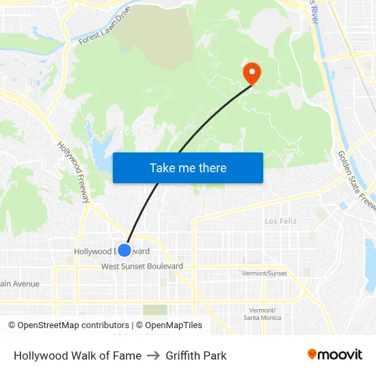 Hollywood Walk of Fame to Griffith Park map