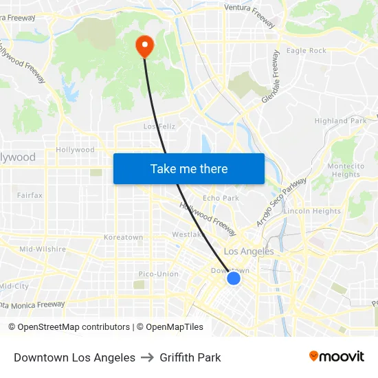Downtown Los Angeles to Griffith Park map
