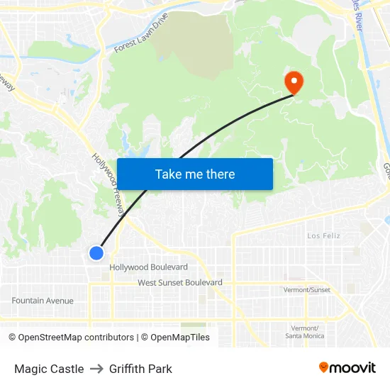 Magic Castle to Griffith Park map