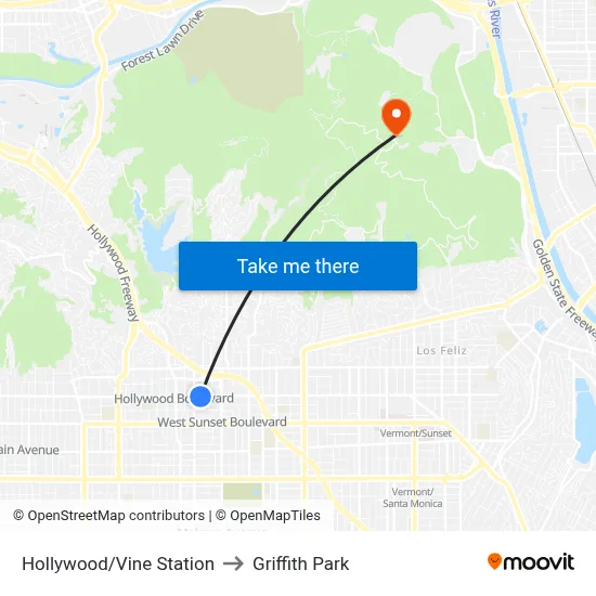 Hollywood/Vine Station to Griffith Park map