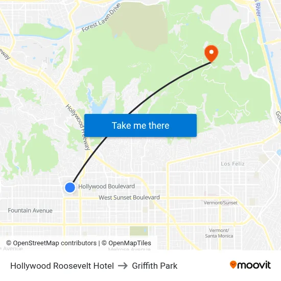 Hollywood Roosevelt Hotel to Griffith Park map