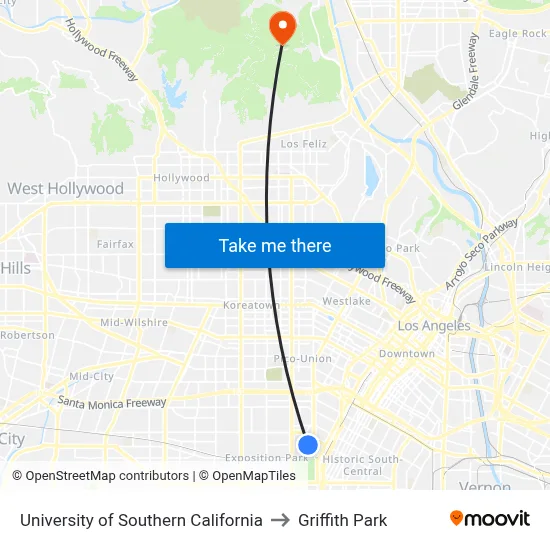 University Of Southern California to Griffith Park map
