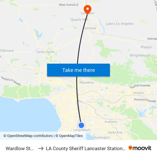Wardlow Station to LA County Sheriff Lancaster Station Heliport map