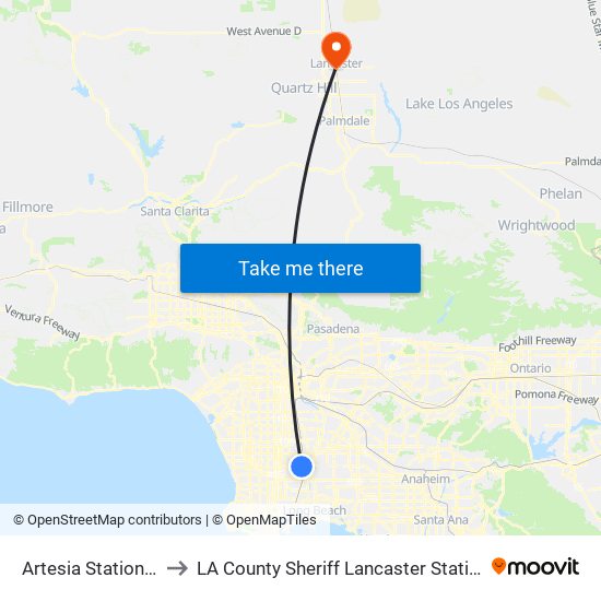 Artesia Station Bay 3 to LA County Sheriff Lancaster Station Heliport map