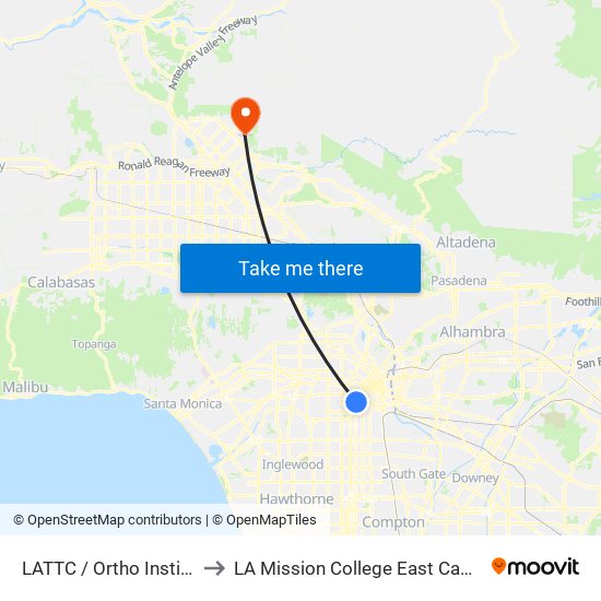 LATTC / Ortho Institute to LA Mission College East Campus map