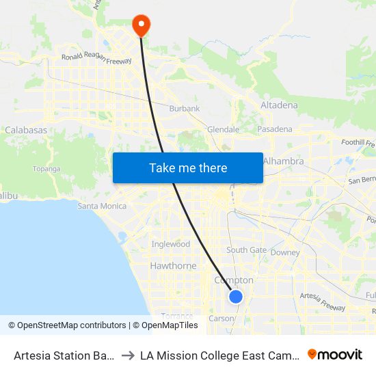 Artesia Station Bay 3 to LA Mission College East Campus map