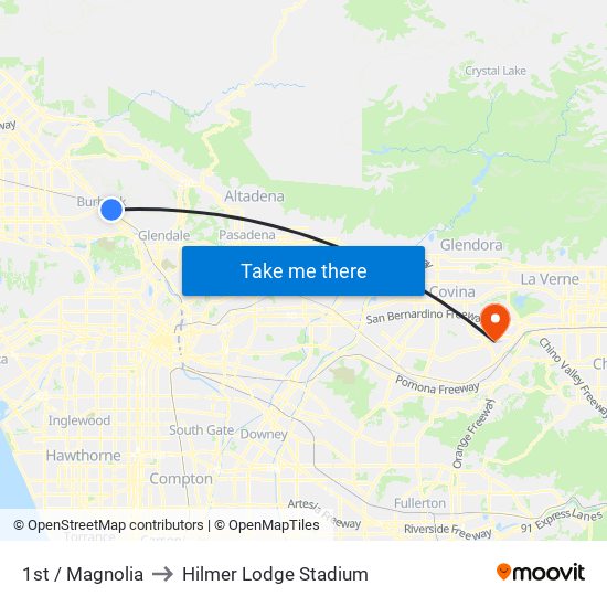 1st / Magnolia to Hilmer Lodge Stadium map