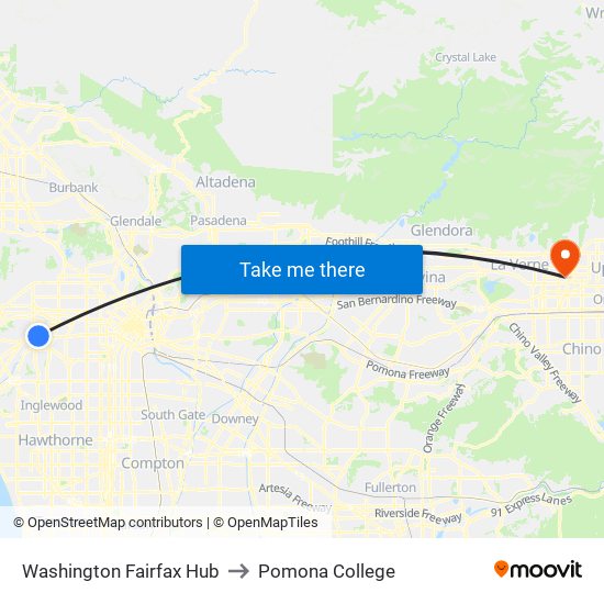 Washington Fairfax Hub to Pomona College map