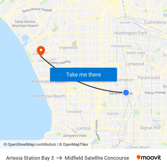 Artesia Station Bay 3 to Midfield Satellite Concourse map