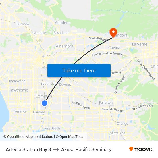 Artesia Station Bay 3 to Azusa Pacific Seminary map