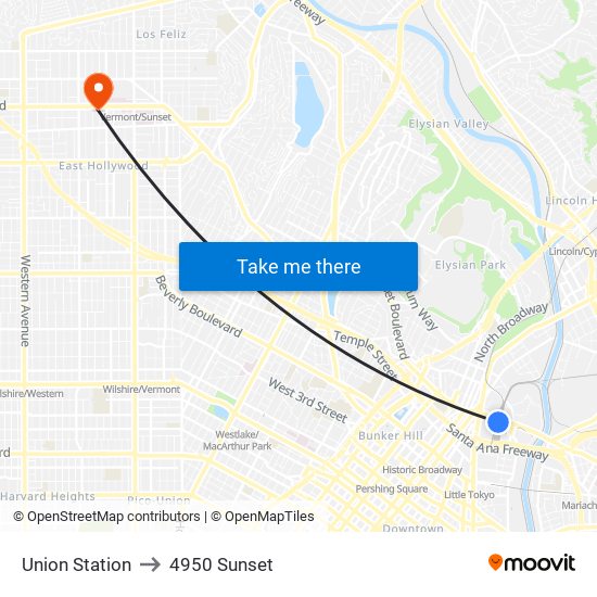 Union Station to 4950 Sunset map