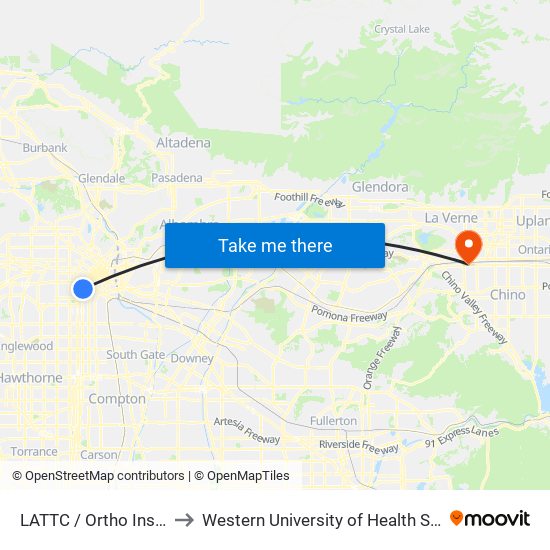 LATTC / Ortho Institute to Western University of Health Sciences map