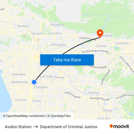 Avalon Station to Department of Criminal Justice map