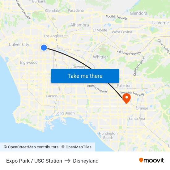 Expo Park / USC Station to Disneyland map