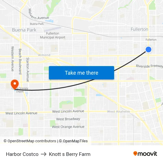 Harbor Costco to Knott s Berry Farm map