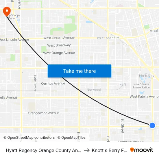 Hyatt Regency Orange County Anaheim to Knott s Berry Farm map