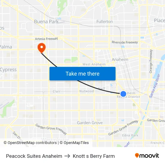 Peacock Suites Anaheim to Knott s Berry Farm map