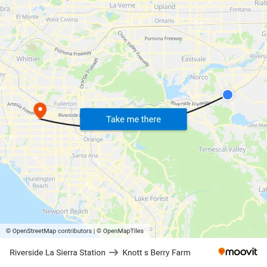 Riverside La Sierra Station to Knott s Berry Farm map