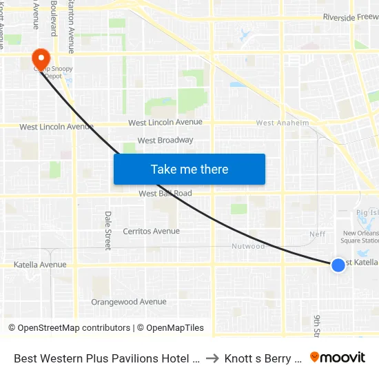 Best Western Plus Pavilions Hotel Anaheim to Knott s Berry Farm map