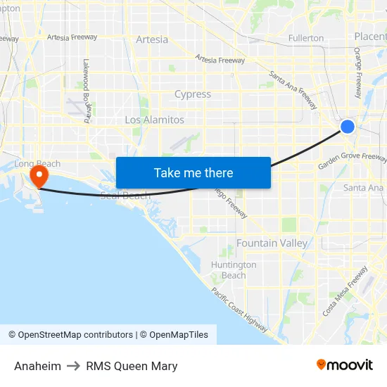 Anaheim to RMS Queen Mary map