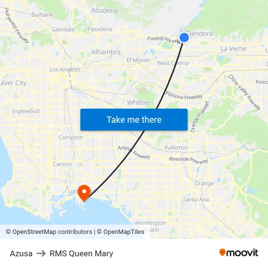 Azusa to RMS Queen Mary map