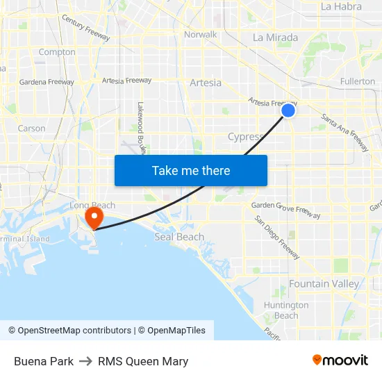 Buena Park to RMS Queen Mary map