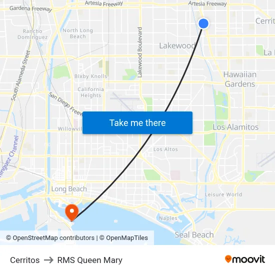Cerritos to RMS Queen Mary map