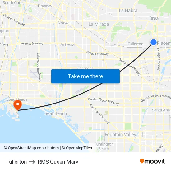 Fullerton to RMS Queen Mary map